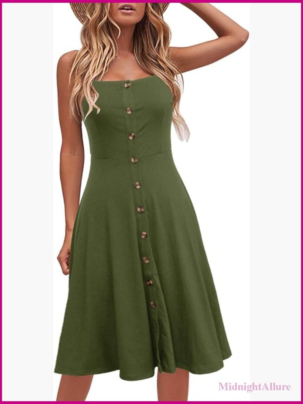 Spaghetti Strap Button Down Midi Dress A-Line Cotton Sleeveless Sundress